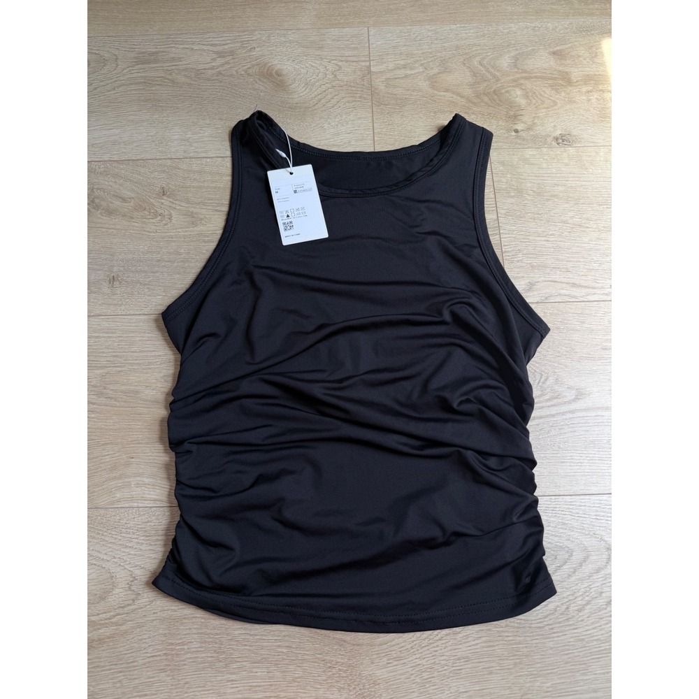 NWT Halara Round Neck Racerback Ruched Yoga Tank Top Black athletic size M